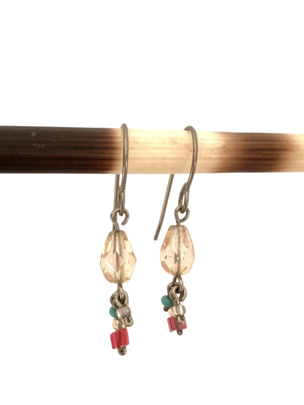 handmade vintage crystal bead dangle earrings silver hook clear blue red tiny